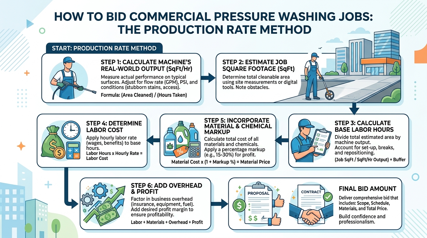 How to Bid Commercial Pressure Washing Jobs Guide: The Production Rate Method — pressure washing guide illustration