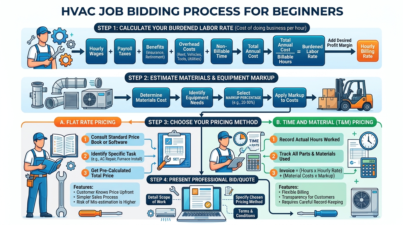 How to bid hvac jobs: flat rate vs time and material pricing for beginners — hvac guide illustration