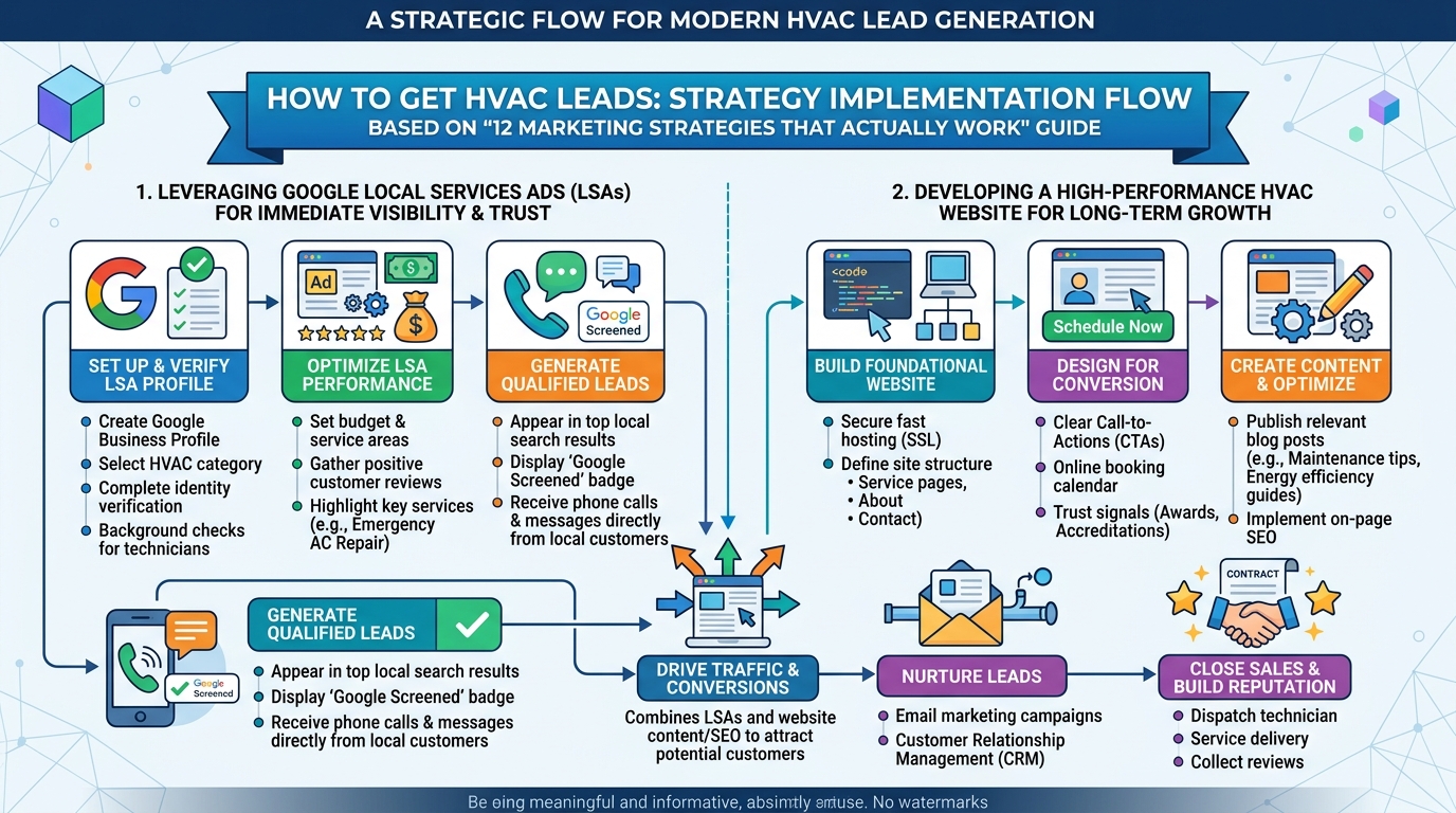 How to get HVAC leads: 12 marketing strategies that actually work guide — hvac guide illustration