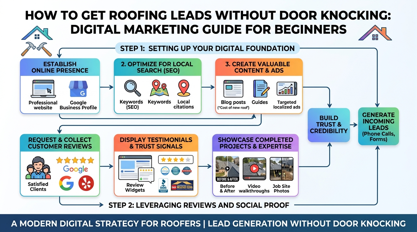 How to get roofing leads without door knocking: digital marketing guide for beginners — roofing guide illustration