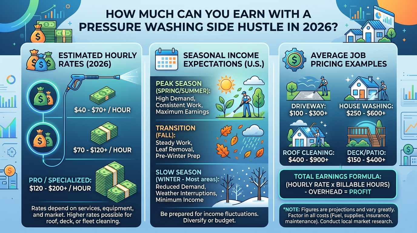 How Much Can You Earn with a Pressure Washing Side Hustle in 2026? — pressure washing guide illustration