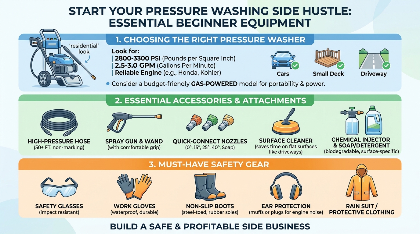 What Equipment Do You Need for a Pressure Washing Side Hustle for Beginners? — pressure washing guide illustration