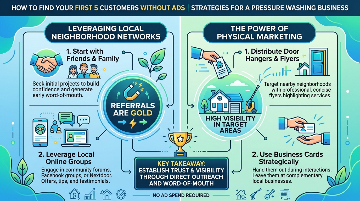 How Do You Find Your First 5 Customers Without Spending on Ads? — pressure washing guide illustration