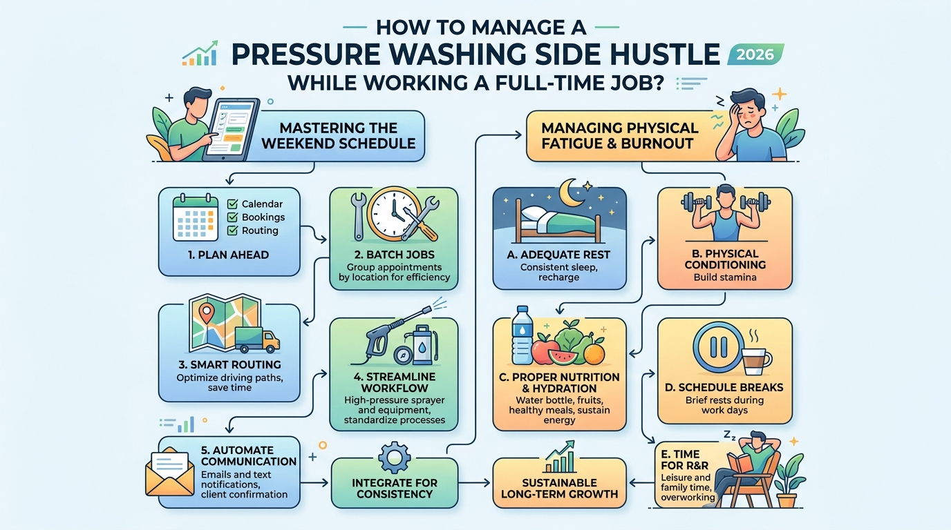 How to Manage a Pressure Washing Side Hustle 2026 While Working a Full-Time Job? — pressure washing guide illustration