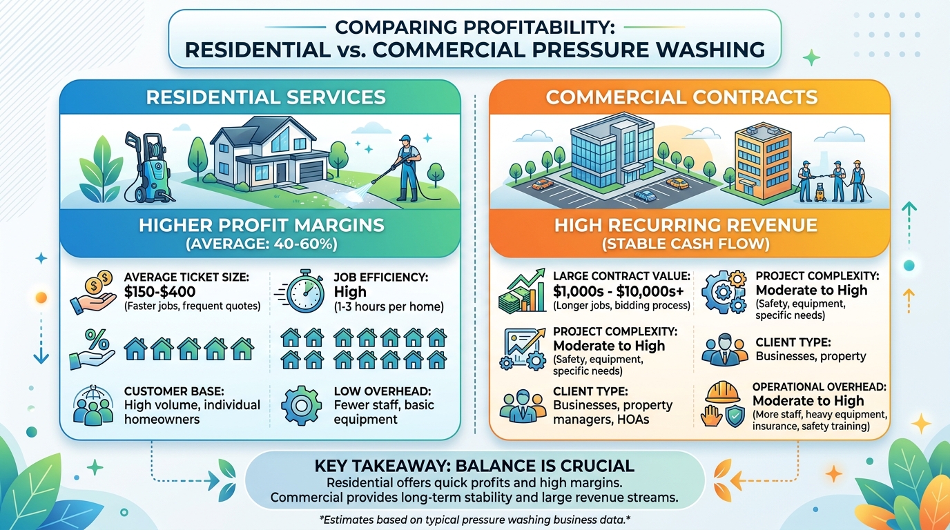 How to Residential vs Commercial Pressure Washing: Which Is More Profitable? — pressure washing guide illustration