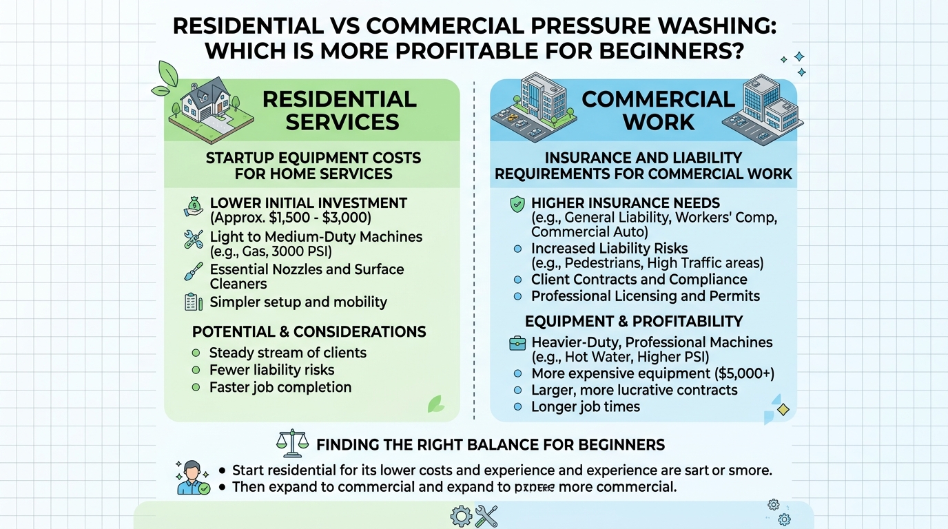 Residential vs Commercial Pressure Washing: Which Is More Profitable for Beginners? — pressure washing guide illustration